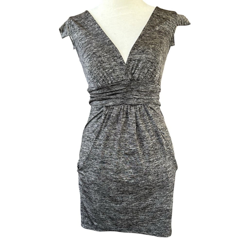 Vintage 90s Wet Seal Mini Bodycon Dress Black Marled Womens XS Ruched Plunging